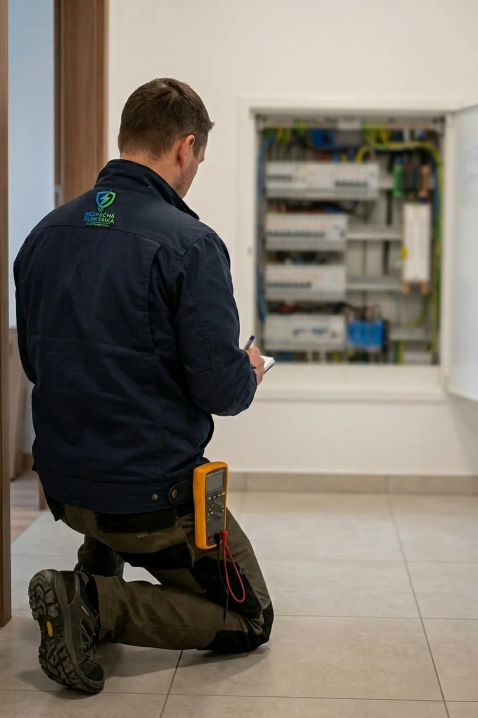 Technická vizualizácia projektu Bezpečná elektrika – postava zozadu pri rozvádzači